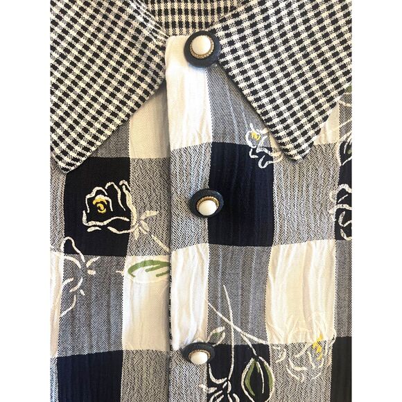 VTG Peri Petites Womens Gingham Check Floral Overlay Top Sz 12 Blouse Retro 80s - Picture 2 of 15